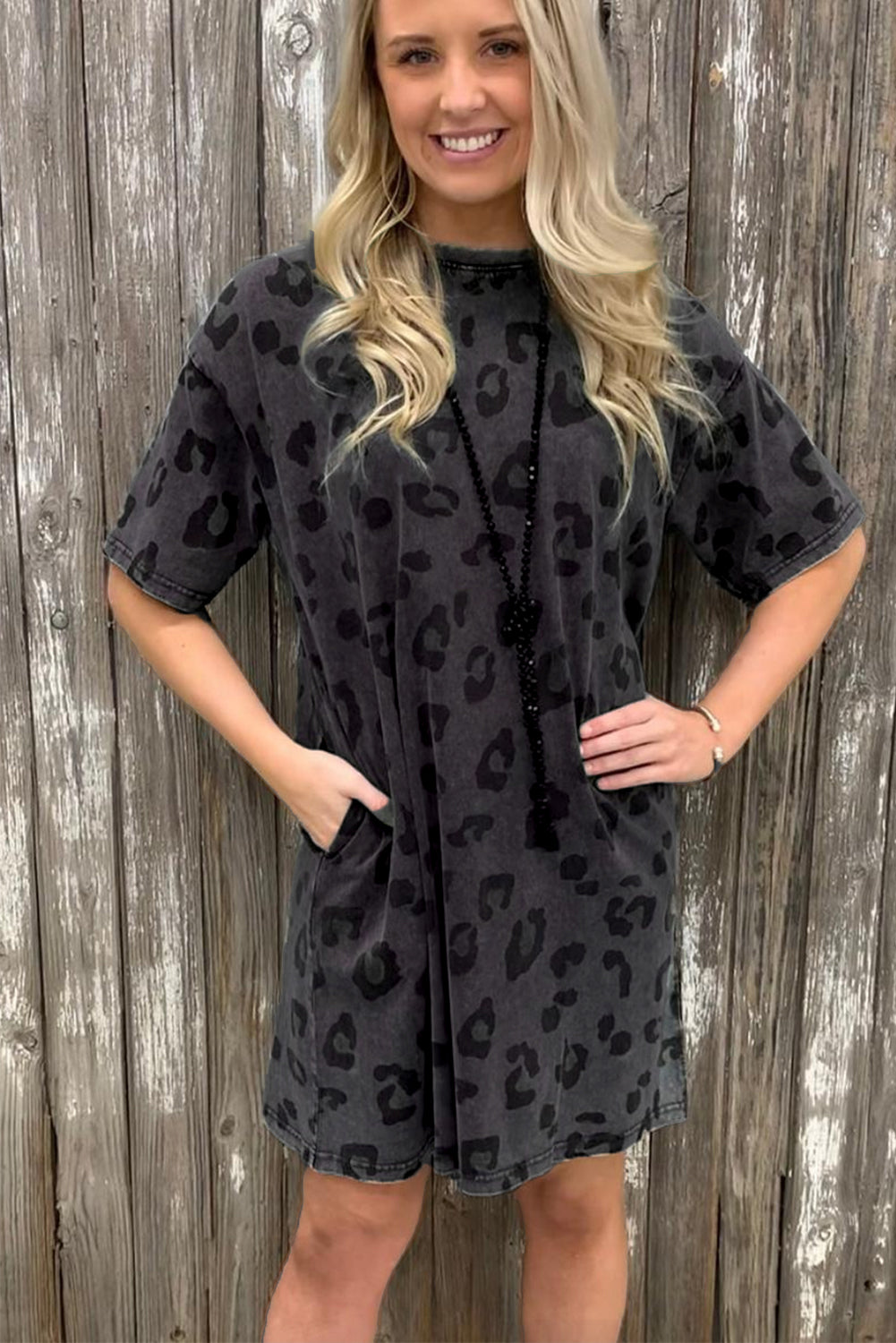 Gray Vintage Washed Leopard T-Shirt Dress with Pockets