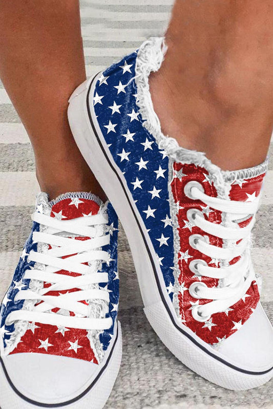 Multicolor American Flag Stars Printed Frayed Detail Lace-up Shoes