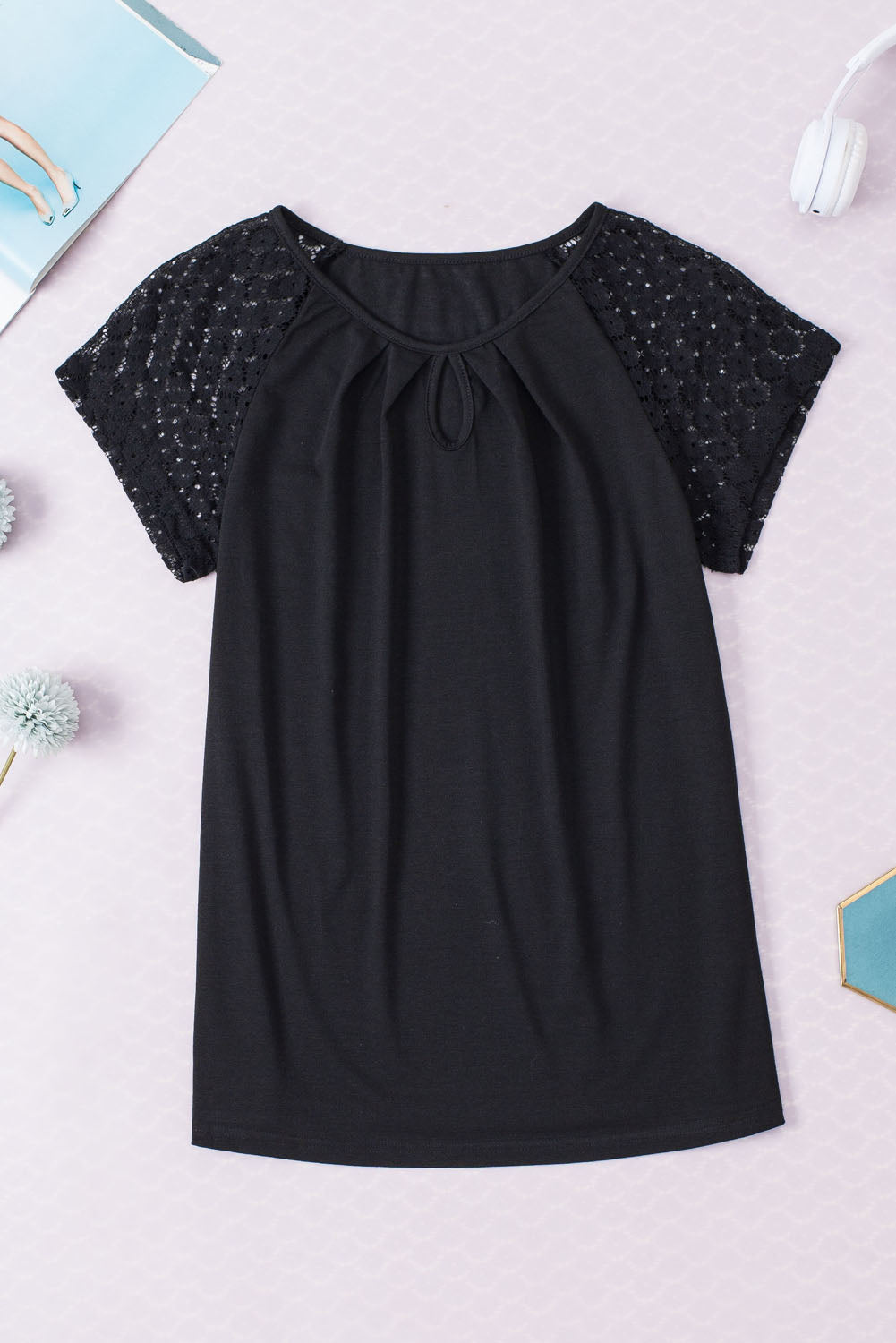 Black Contrast Lace Sleeve Keyhole Decor Top