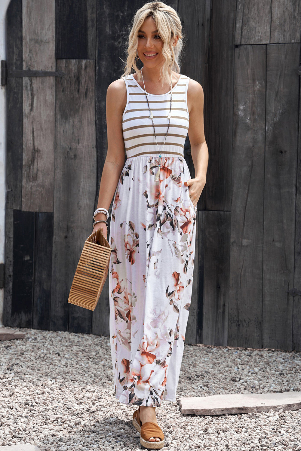 White Striped Floral Print Sleeveless Maxi Dress with Pocket