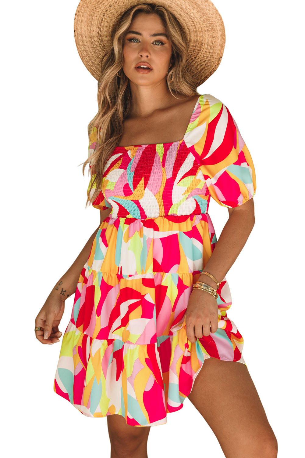 Multicolor Geometric Print Smocked Babydoll Mini Dress